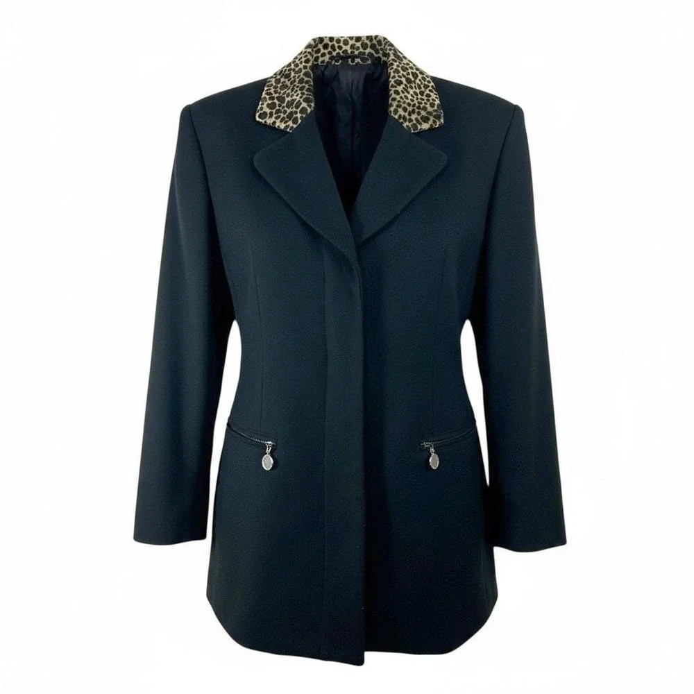 Vintage Black Wool Winter Coat Leopard Collar Quiet‎ Luxury Parisian Chic 9 10